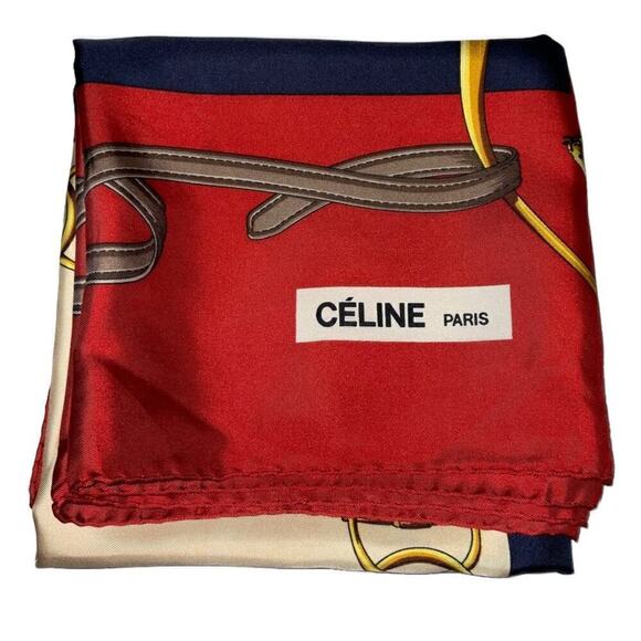CELINE Paris 100% Silk Scarf Equestrian Motif Vintage Red Gold - Picture 3 of 16